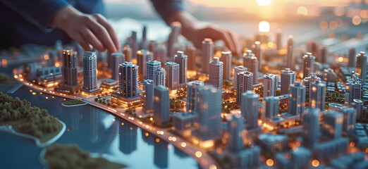 Hands meticulously plan a miniature cityscape, dawn's light casting a vision of urban dreams