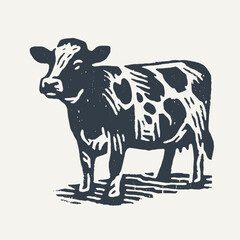 Cow. Vintage block print style grunge effect vector illustration. Black and white.