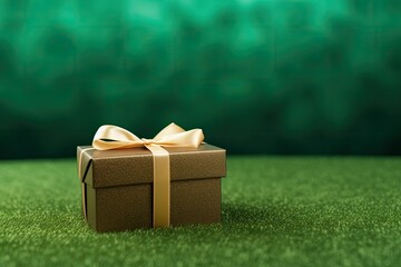 A beige gift box with a pink bow on a green background.