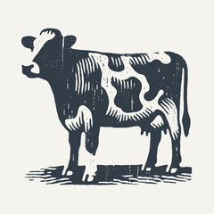 Cow. Vintage block print style grunge effect vector illustration. Black and white.
