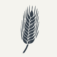 Wheat ear. Vintage block print style grunge effect vector illustration. Black and white.
