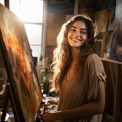 Portrait of a smiling girl in an art studio. A girl artist paints a picture.