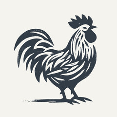 Rooster. Vintage block print style grunge effect vector illustration. Black and white.