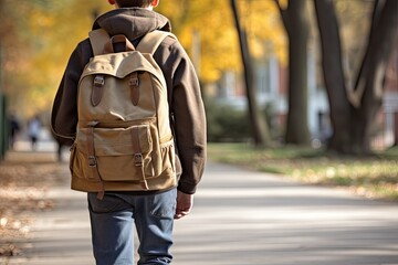 A walk in the park in autumn. A man with a backpack on the street. Rear view.