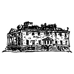 Westport House. Historical Georgian landmark in Ireland. Hand drawn linear doodle rough sketch. Black and white silhouette.