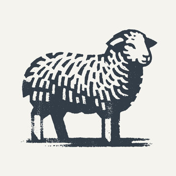 Sheep. Vintage block print style grunge effect vector illustration. Black and white.