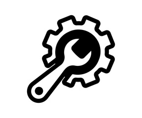 Wrench and gear icon. Black line fix, maintenance, mechanic, engineering, technician, repair, settings icon, logo element, illustration.