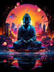 T-shirt design, A serene Buddha amidst a digital metropolis, combining tradition with cyber aesthetics created with Generative Ai