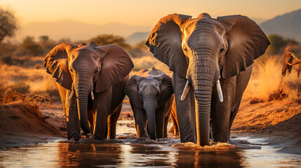 African Elephant Gathering by the Watering Hole.