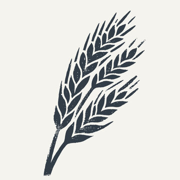 Bundle of wheat. Vintage block print style grunge effect vector illustration. Black and white.