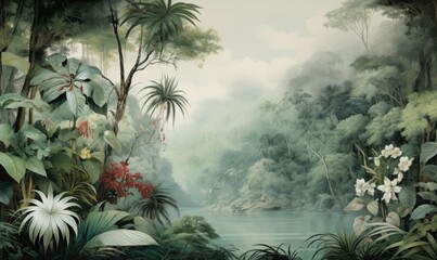 Sage Green Vintage Tropical Jungle Wallpaper