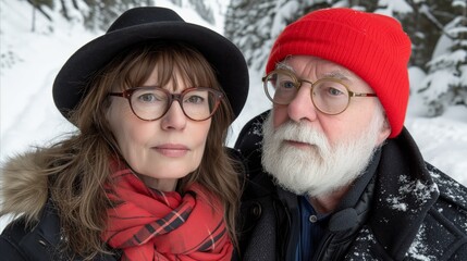 Elderly couple embracing the winter season together outdoors
