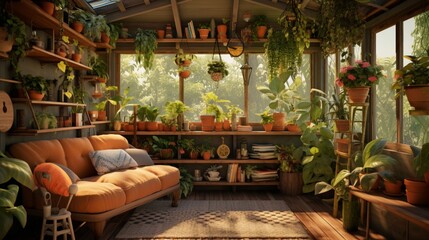 Obraz premium Transformed Garden Shed into a Bohemian Haven with Cozy Setting - AI-Generative