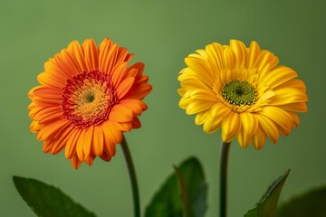Geometric Orange and Yellow Flowers with Eight and Six Petals Respectively on a Green Background - obrazy, fototapety, plakaty