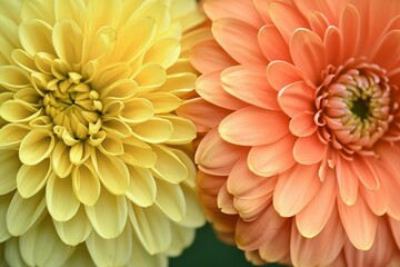 Geometric Orange and Yellow Flowers with Eight and Six Petals Respectively on a Green Background - obrazy, fototapety, plakaty