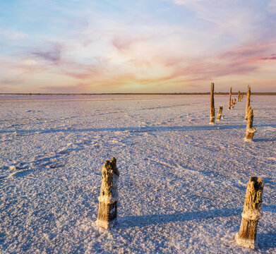 Sunset Genichesk pink  salty lake, Ukraine