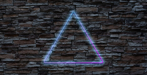Set of neon triangle sign. Triangle background. Glowing electric abstract frame on dark backdrop. Light banner with glow.Bright vinrage illustration with flares and sparkles.