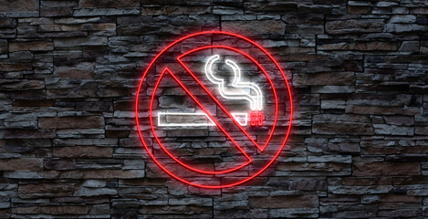 No smoking. Colorful neon sign with prohibition of smoking. Circle with fuming cigarette with smoke. Icon with nighttime neon illumination.