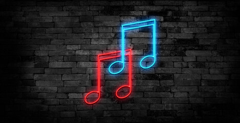 Music notes and treble clef neon signs set. Melody, classical music, sound design. Night bright...