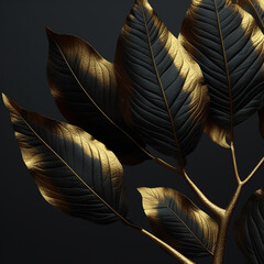 Plants and flower, graphic resources concept. Artificial metallic black and gold colored plant leaf background with copy space
