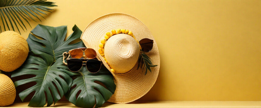 Chapéu de palha, bolsa de vime ecológica, óculos de sol, galhos de monstera sobre fundo amarelo com espaço para texto, vista superior, ampla composição. Moda de férias de verão, conceito de férias. Ac