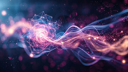An abstract image of glowing atomic particles and energy waves, atoms and molecules, dynamic and dramatic compositions, with copy space