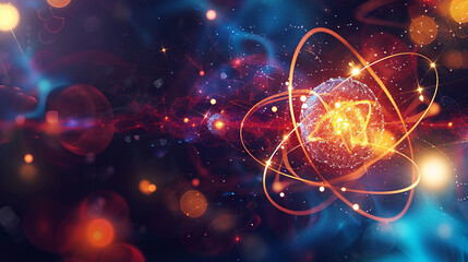 An abstract image of glowing atomic particles and energy waves, atoms and molecules, dynamic and dramatic compositions, with copy space - obrazy, fototapety, plakaty