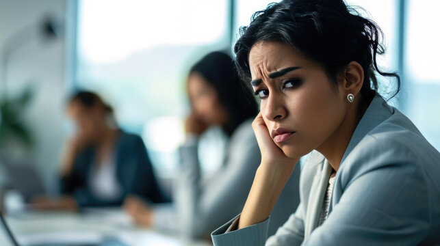 Woman with her hand on her forehead in a gesture of worry or stress, possibly reflecting concern or deep thought while at work.