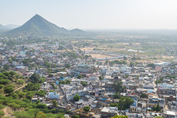 panoramic view of pushkar city from a mountain, india
