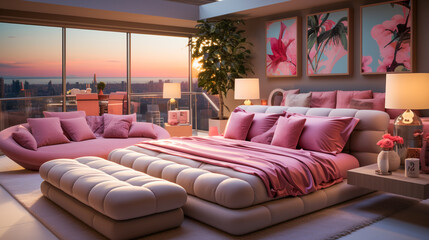 Bedroom interior in pink tones.