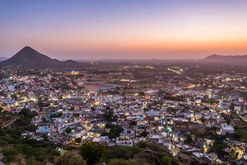 Fotobehang panoramic view of pushkar city from a mountain, india © jon_chica