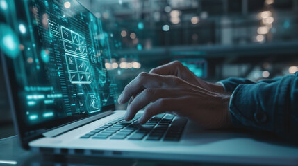 Close-up of a person's hands typing on a laptop keyboard, with the screen displaying futuristic digital data graphics