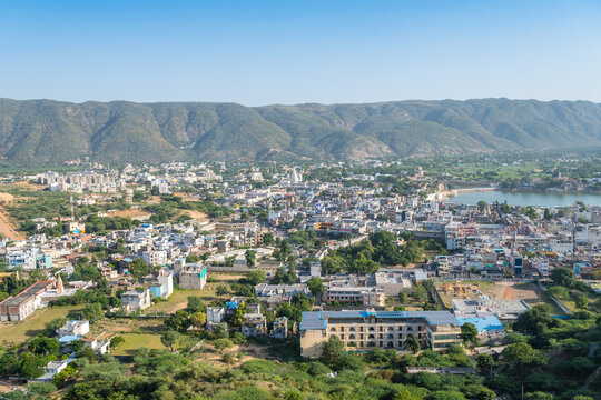 panoramic view of pushkar city from a mountain, india