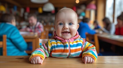Joyful baby in colorful striped outfit at a restaurant table