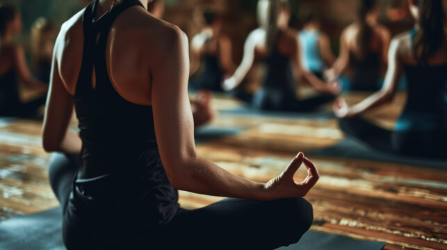 Yoga class in session, with individuals in seated meditation poses on yoga mats