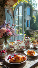 Naklejka premium Breakfast in Bloom. Croissant, Cake, and Flowers