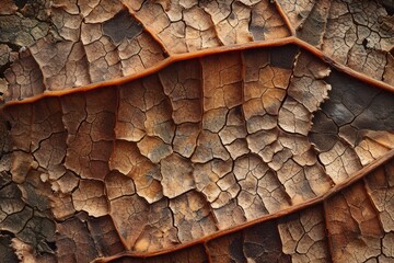 Close up of brown dry autumn leaf texture. Decaying leaf with intricate patterns of decay, embodying the concept of impurity within nature. The image's warm, earthy tones, macro photograph - obrazy, fototapety, plakaty