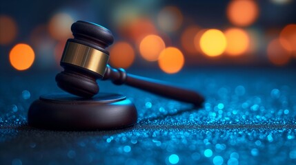 Close-up of wooden judge gavel on blue glittering background with bokeh - obrazy, fototapety, plakaty