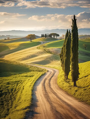 Kurvige Landstrasse durch eine hügelige Landschaft in der Toskana, Italien, Europa, Generative AI - obrazy, fototapety, plakaty