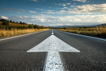 Naklejka premium An Asphalt Road Stretches into the Distance with a Painted White Arrow Pointing Forward, Symbolizing Motivation, Progress
