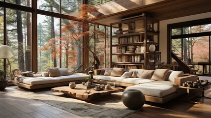Inviting Cozy Sitting Room with Sunlit Ambiance and Comfortable Furnishings by Large Window - AI-Generative