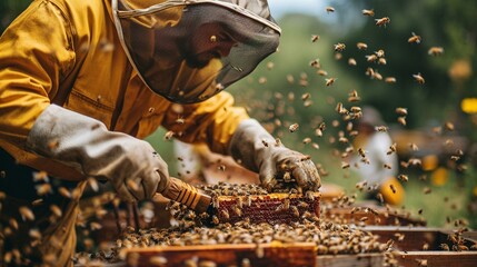 A beekeeper harvesting honey from beehives, emphasizing the hands-on aspect of beekeeping. [Beekeeper harvesting honey - obrazy, fototapety, plakaty