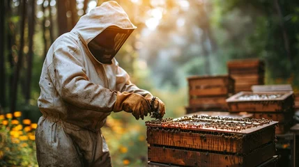 Fotobehang Beekeeper in protective gear tending to beehives in a picturesque apiary setting. [Beekeeper in apiary © Julia