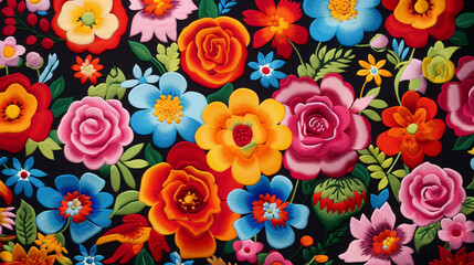 Fototapeta na wymiar Mexican Tapestry: Woven Flowers on Textile in Latin Folklore Style