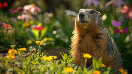 Naklejka na ściany i meble Groundhog predicting an early spring with flowers and greenery in the background. [Groundhog predicting early spring