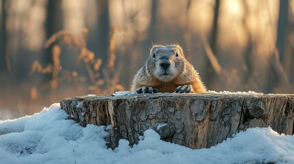 Groundhog peeking out from behind a tree stump on a frosty winter morning. [Groundhog behind tree stump