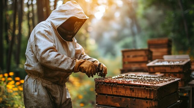 Beekeeper in protective gear tending to beehives in a picturesque apiary setting. [Beekeeper in apiary