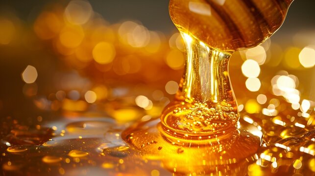 Close-up of a honey dipper drizzling golden honey, highlighting the delicious end product of beekeeping. [Honey dipper drizzling honey