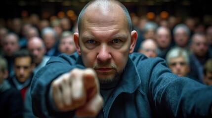 Close-up of determined man pointing forward with crowd behind
