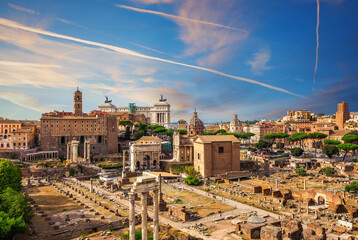View on the Roman Forum ruins, evening scene, Rome, Italy